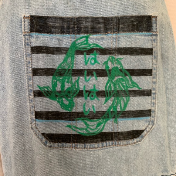One of a kind hand painted green koi fish overall shorts with black stripes - Picture 2 of 4